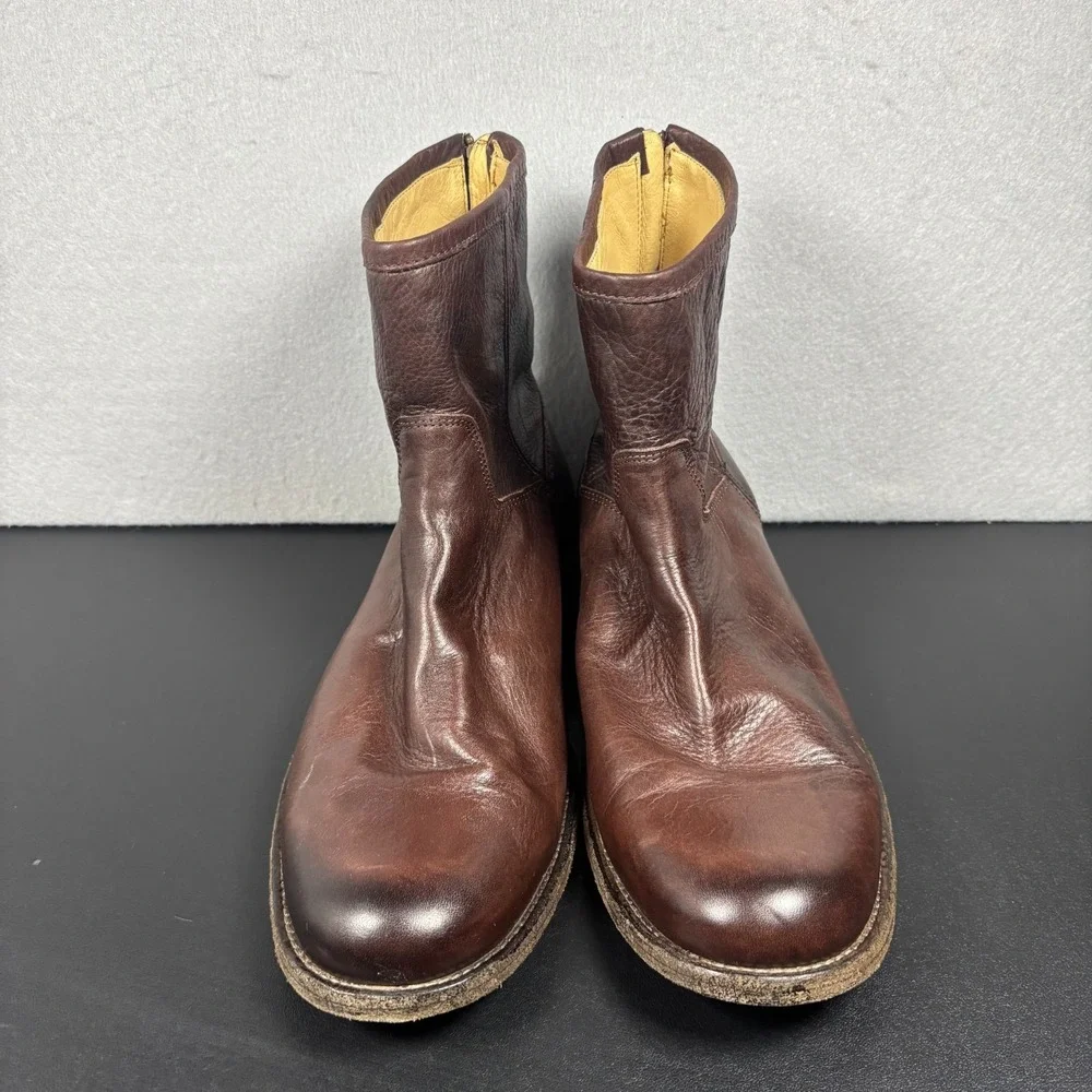 Frye Mens 10.5 D Dark Brown Leather Back Zip Ankle Boots Round Toe 3487870